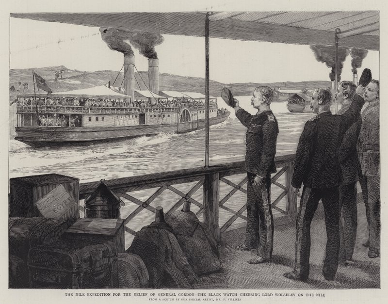 A Expedição do Nilo para o Socorro do General Gordon, o Relógio Negro aplaudindo Lord Wolseley no Nilo de Frederic Villiers
