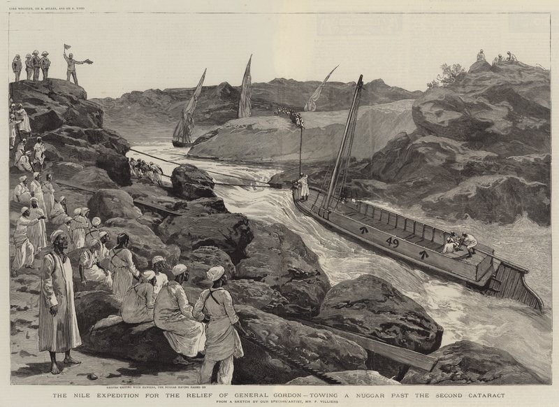 A Expedição do Nilo para o Socorro do General Gordon, rebocando um Nuggar além da Segunda Catarata de Frederic Villiers