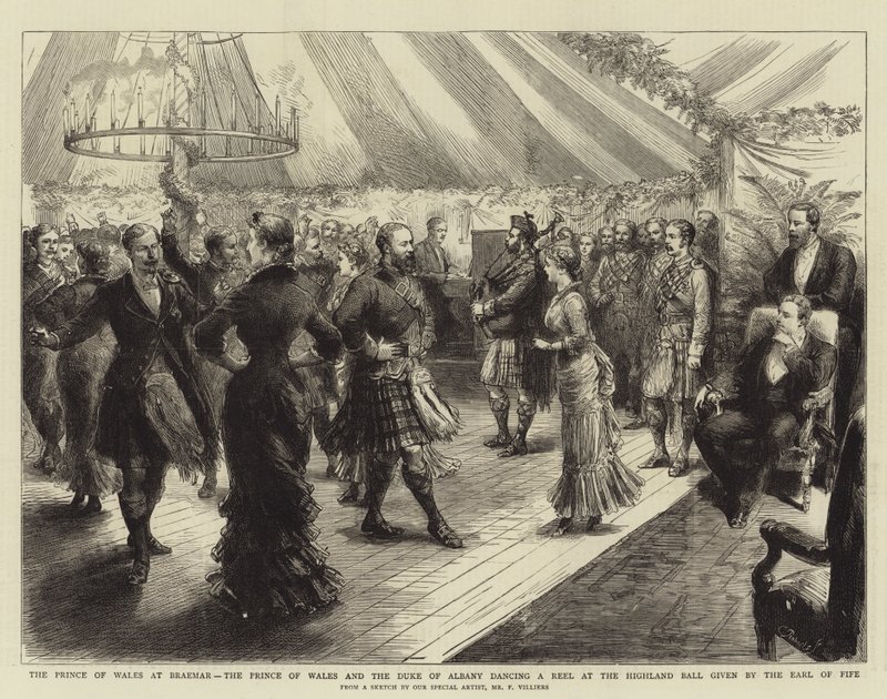 O Príncipe de Gales em Braemar, o Príncipe de Gales e o Duque de Albany dançando um Reel no Baile das Terras Altas dado pelo Conde de Fife de Frederic Villiers