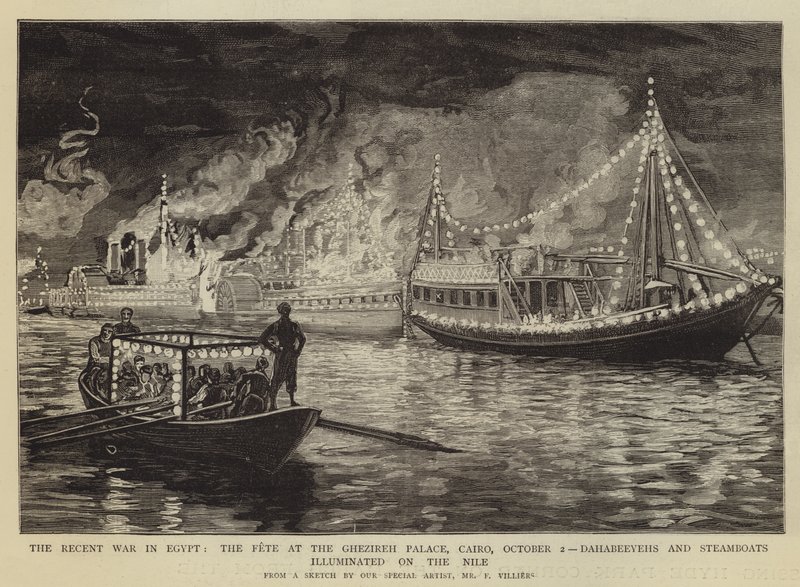 A recente guerra no Egito, a festa no Palácio Ghezireh, Cairo, 2 de outubro, Dahabeeyehs e barcos a vapor iluminados no Nilo de Frederic Villiers