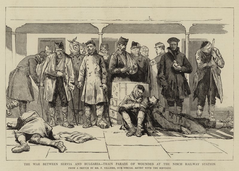 A guerra entre Servia e Bulgária, desfile de trem de feridos na estação ferroviária de Nisch de Frederic Villiers