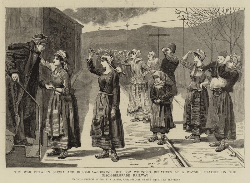 A guerra entre Servia e Bulgária, cuidando de parentes feridos em uma estação Wayside na ferrovia Nisch-Belgrado de Frederic Villiers