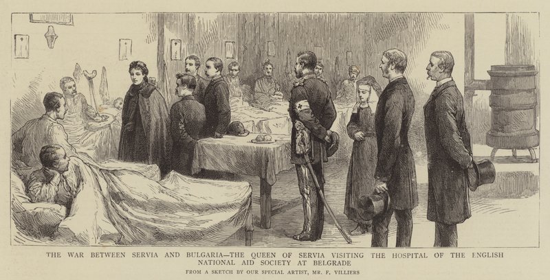 A guerra entre Servia e a Bulgária, a rainha de Servia visitando o Hospital da Sociedade Nacional de Ajuda Inglesa em Belgrado de Frederic Villiers