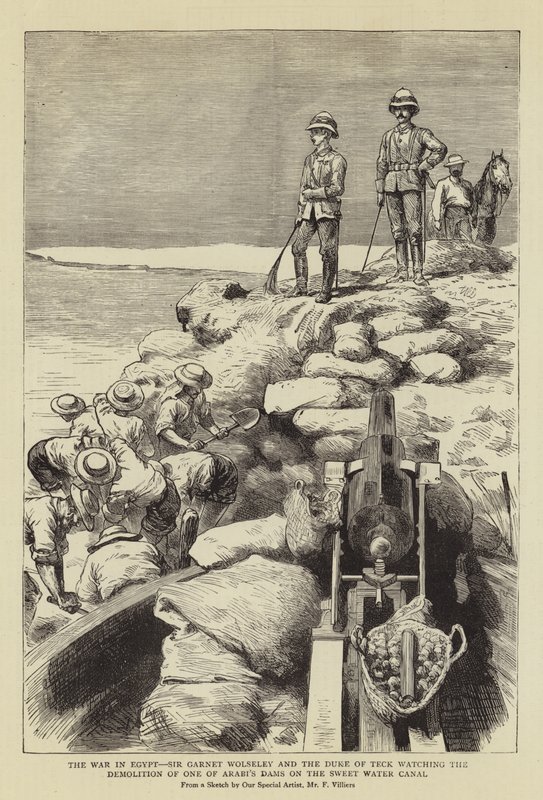 A guerra no Egito, Sir Garnet Wolseley e o duque de Teck assistindo a demolição de uma das barragens de Arabi no canal de água doce de Frederic Villiers