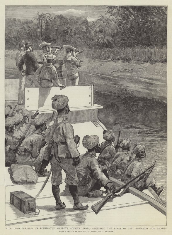 Com Lord Dufferin na Birmânia, a Guarda Advance do Vice-rei revistando os bancos do Irrawaddy para Dacoits de Frederic Villiers