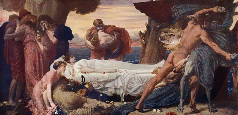 Hércules wrestling with Death for the body of Alcestis (cor litho) de Frederic (after) Leighton