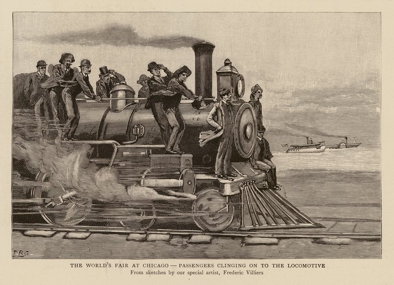 Passageiros agarrados à locomotiva na Exposição Mundial da Colúmbia, Chicago (gravura) de Frederic (after) Villiers
