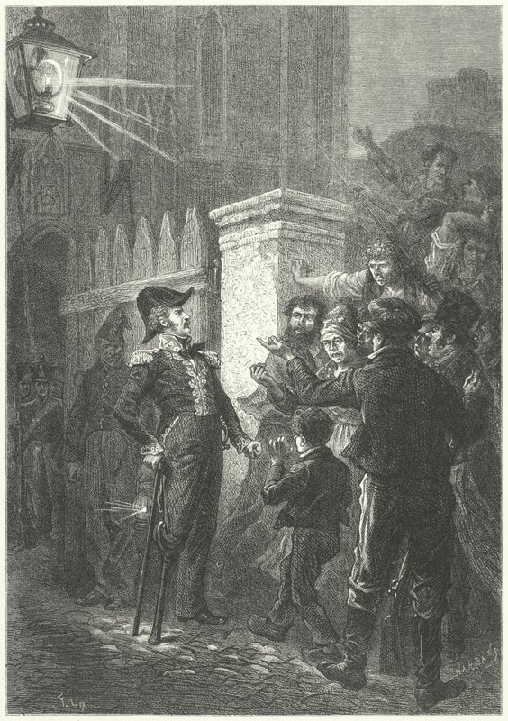 O General Daumesnil confronta a máfia parisiense fora do Castelo de Vincennes durante a Revolução Francesa de 1830 (gravura) de Frederic Theodore (after) Lix