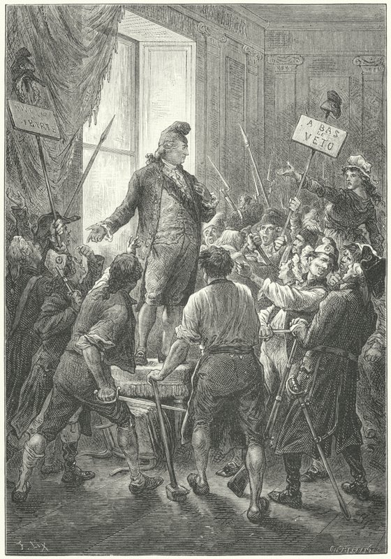 Luís XVI da França forçado a fazer um boné frígio pelos sem-culotes após a sua invasão do Palácio das Tuileries de Frederic Theodore (after) Lix
