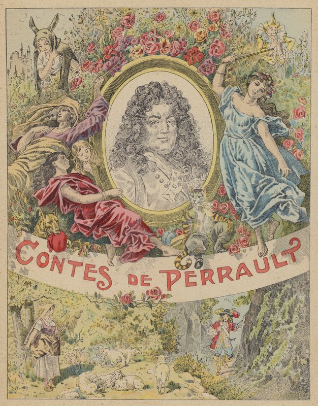 Ilustração da página de rosto de Les Contes de Perrault (cor litho) de Frederic Theodore (after) Lix