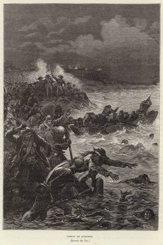Combat de Quiberon. Apoiadores da Revolução Chouannerie e do Levante Vendee tentando fugir das forças republicanas em Quiberon, França, Revolução Francesa de Frederic Theodore Lix