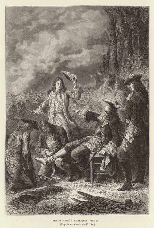 Villars blesse a Malplaquet. Claude Louis Hector de Villars, Marechal da França, ferido na Batalha de Malplaquet, Guerra da Sucessão Espanhola de Frederic Theodore Lix