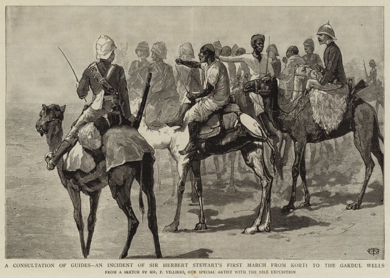 Uma Consulta de Guias, um Incidente da Primeira Marcha de Sir Herbert Stewart, de Korti aos Gakdul Wells de Frederic Villiers
