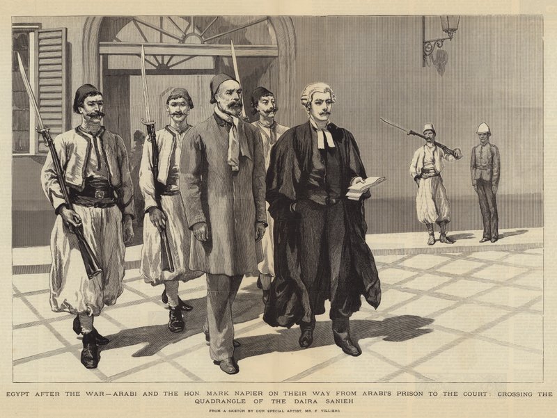Egito após a guerra, Arabi e o honorável Mark Napier em seu caminho da prisão de Arabi para a corte, cruzando o Quadrilátero da Daira Sanieh de Frederic Villiers