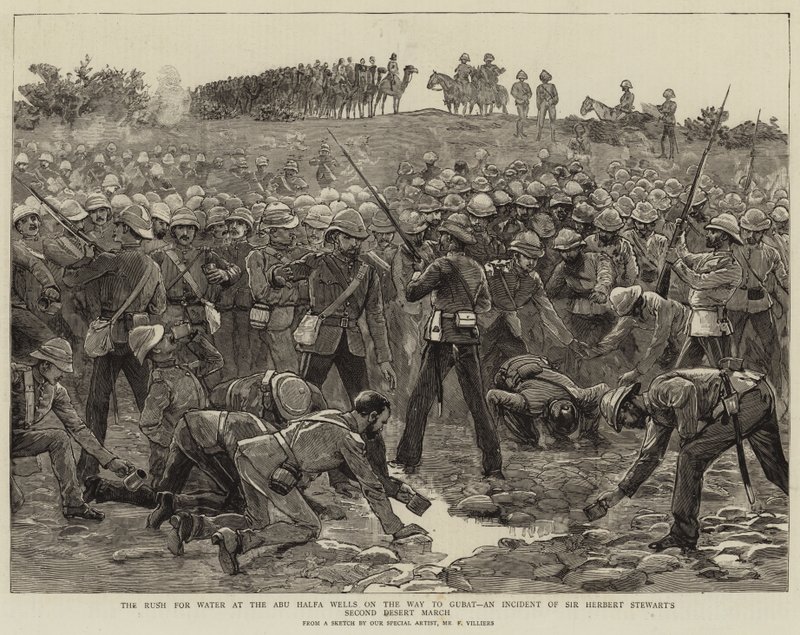 A corrida pela água no Abu Halfa Wells a caminho de Gubat, um incidente da Segunda Marcha do Deserto de Sir Herbert Stewart de Frederic Villiers