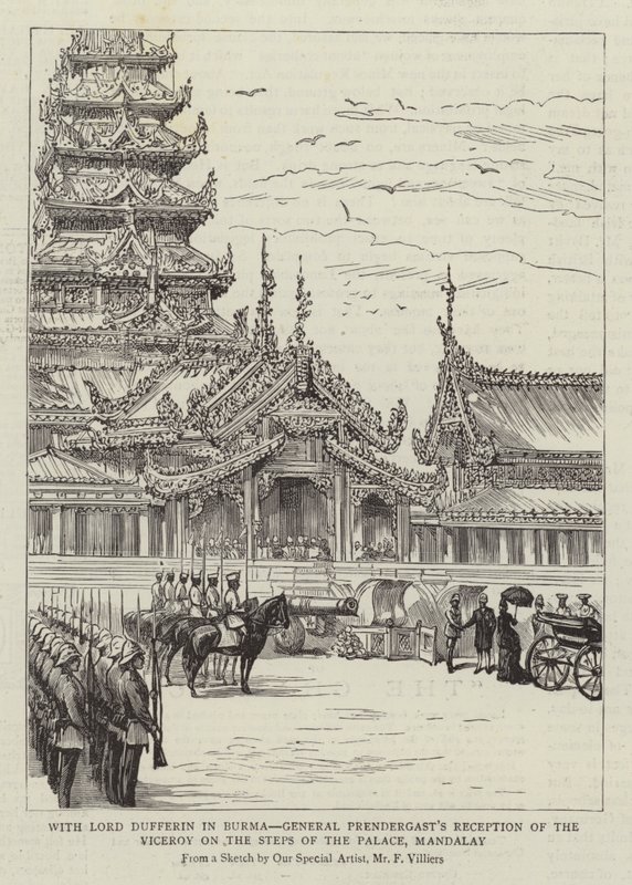 Com Lord Dufferin na Birmânia, a recepção do general Prendergast do vice-rei nos degraus do palácio, Mandalay de Frederic Villiers