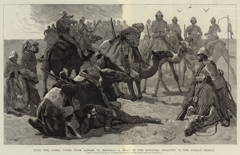 Com o corpo de camelos de Sarass a Dongola, uma parada da infantaria montada no deserto da Núbia de Frederic Villiers