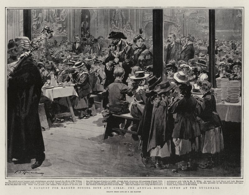 Um banquete para meninos e meninas de escola maltrapilhos, o jantar anual oferecido no Guildhall de Frederic de Haenen