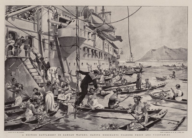 Um navio de guerra britânico em águas samoanas, comerciantes nativos de comércio de frutas e legumes de Frederic de Haenen