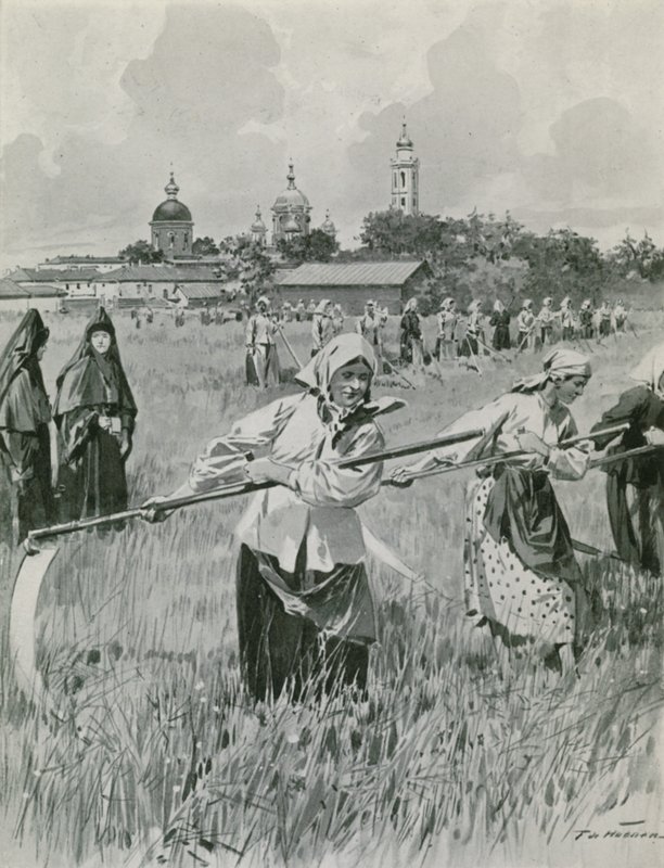 Um convento em Novgorod: Freiras fazendo feno de Frederic de Haenen