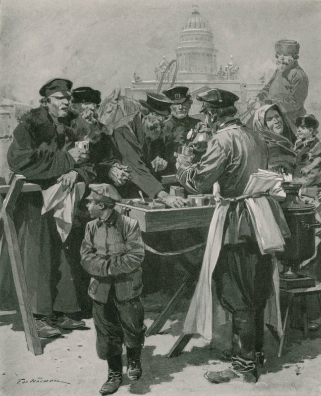 Um Tea-Stall de um Droshky-Drivers de Frederic de Haenen