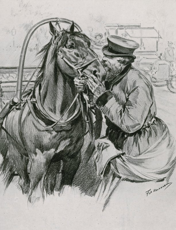 Um motorista de Droshky beijando seu cavalo bom dia de Frederic de Haenen