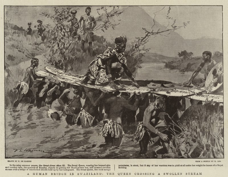 Uma ponte humana na Suazilândia, a Rainha atravessando um Córrego Inchado de Frederic de Haenen