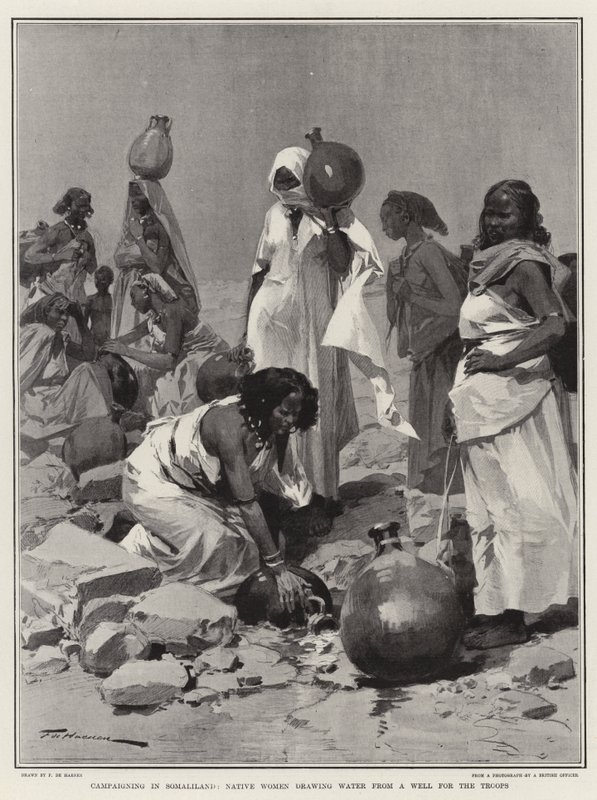 Campanha na Somalilândia, mulheres nativas tirando água de um poço para as tropas de Frederic de Haenen
