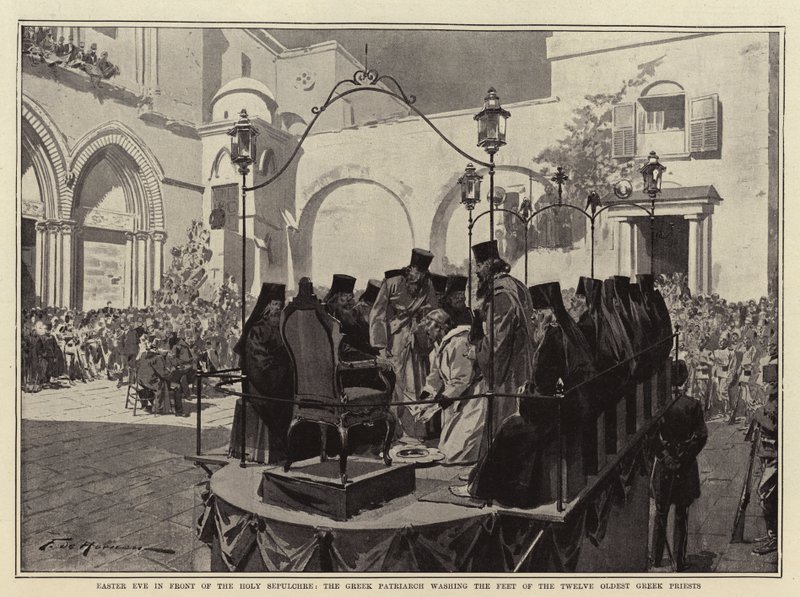 Eva de Páscoa em frente ao Santo Sepulcro, o Patriarca grego lavando os pés dos Doze Sacerdotes Gregos mais Antigos de Frederic de Haenen