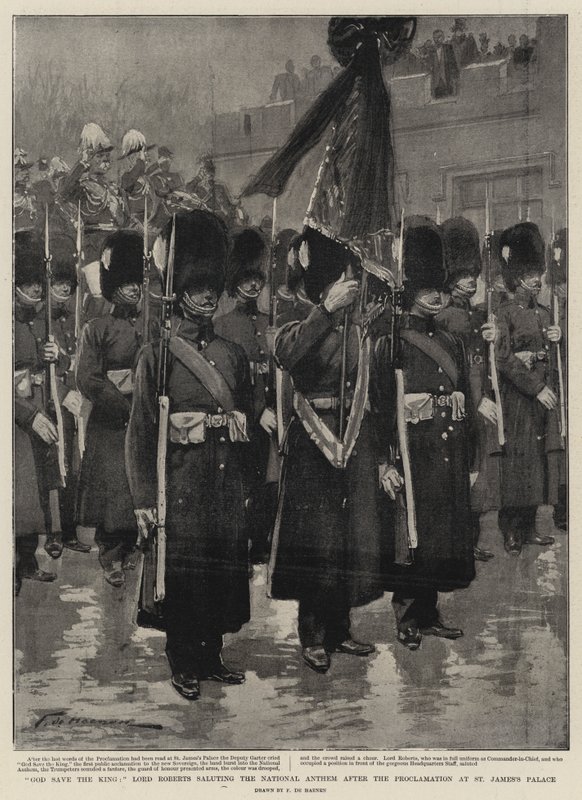 Deus salve o rei, Lord Roberts saudando o hino nacional após a proclamação no Palácio de St. James de Frederic de Haenen