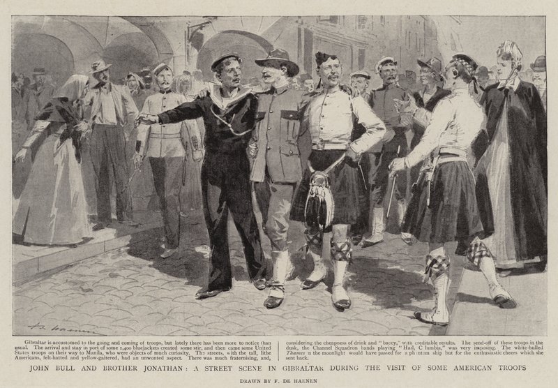 John Bull e irmão Jonathan, uma cena de rua em Gibraltar durante a visita de algumas tropas americanas de Frederic de Haenen