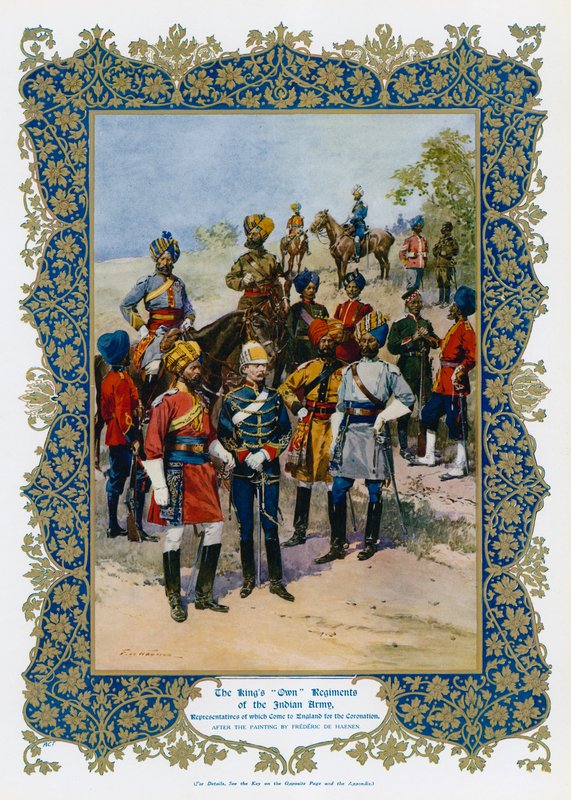 Regimentos próprios do Rei George Vs do Exército Indiano (cor litho) de Frederic de Haenen