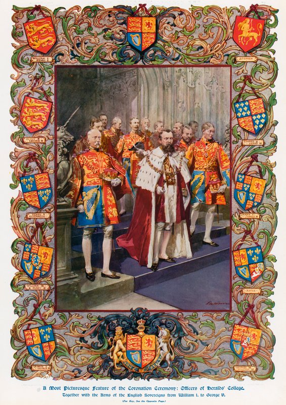 Oficiais do Heralds College, juntamente com os Armas dos Soberanos Ingleses do Rei Guilherme I ao Rei Jorge V (cor litho) de Frederic de Haenen