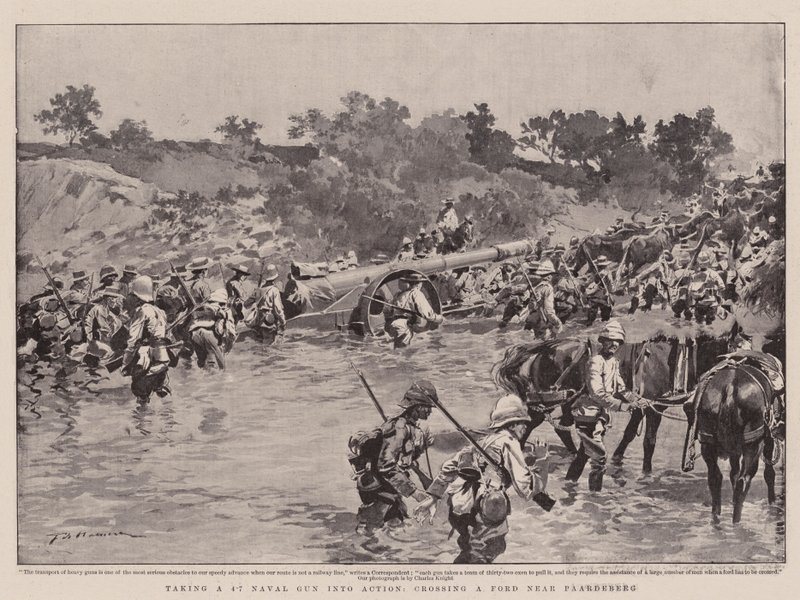 Pegando uma arma naval 4.7 em ação, cruzando um Ford perto de Paardeberg de Frederic de Haenen