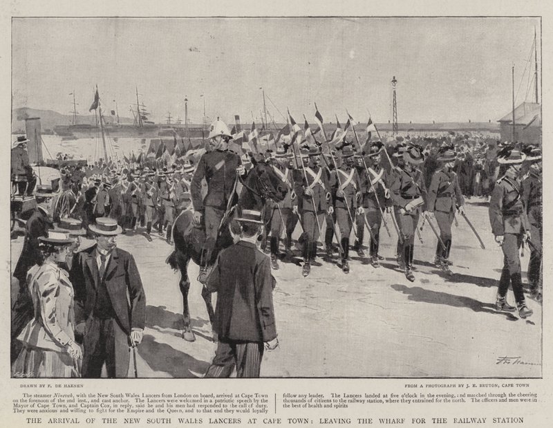A chegada dos lanceiros de New South Wales na Cidade do Cabo, deixando o cais para a estação ferroviária de Frederic de Haenen