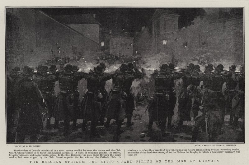 As greves belgas, a guarda civil disparando contra a multidão em Louvain de Frederic de Haenen