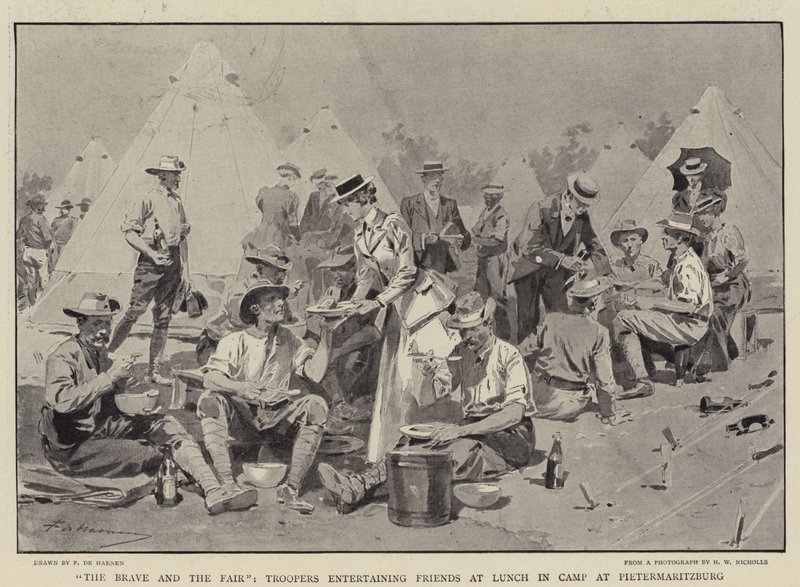 The Brave and the Fair, Troopers entretendo amigos no almoço no acampamento em Pietermaritzburg de Frederic de Haenen