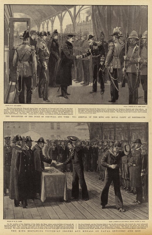 A partida do duque de Cornwall e York, a chegada do rei e da festa real em Portsmouth, o rei dando ordens e medalhas vitorianas aos oficiais e homens da Marinha de Frederic de Haenen