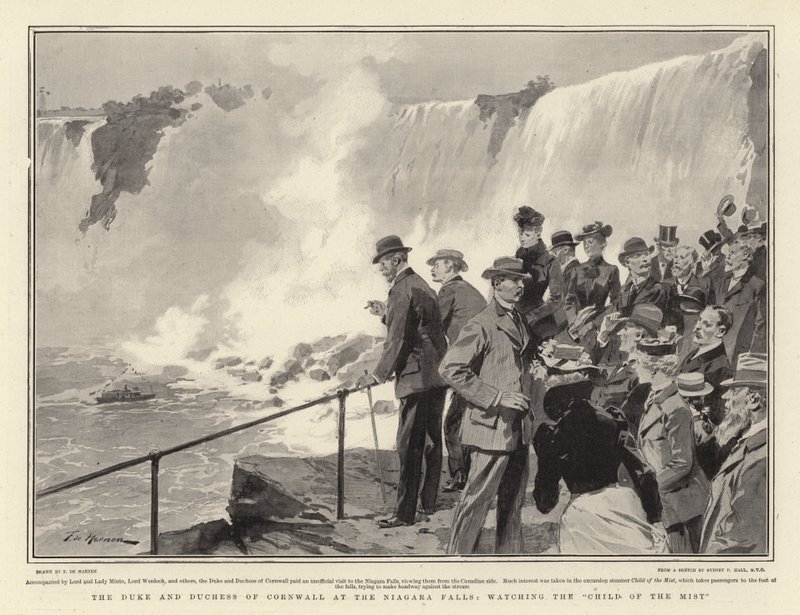 O Duque e a Duquesa da Cornualha nas Cataratas do Niágara, observando a Criança da Névoa de Frederic de Haenen