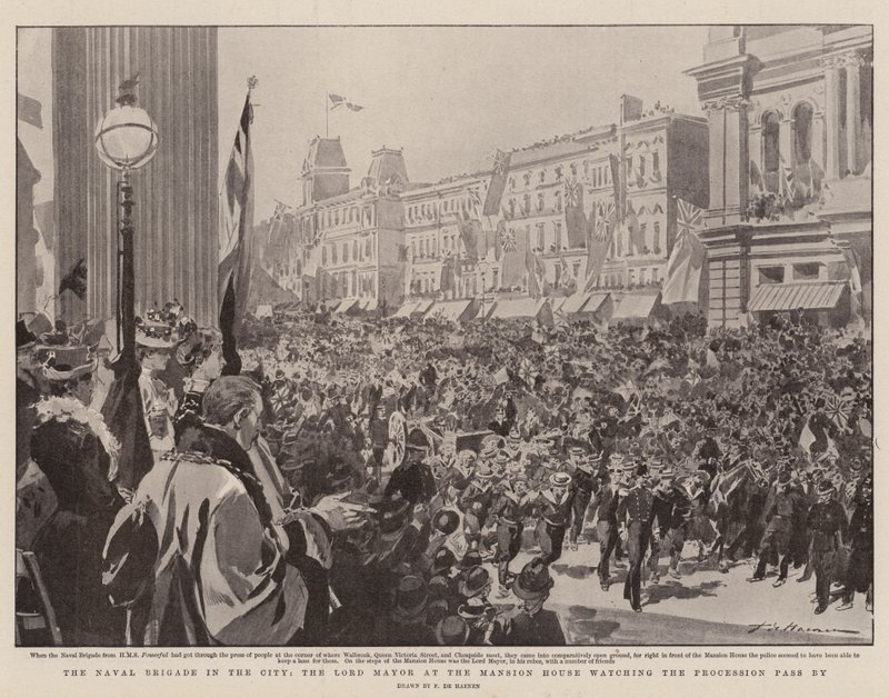 A brigada naval na cidade, o prefeito na mansão assistindo a procissão passar por de Frederic de Haenen