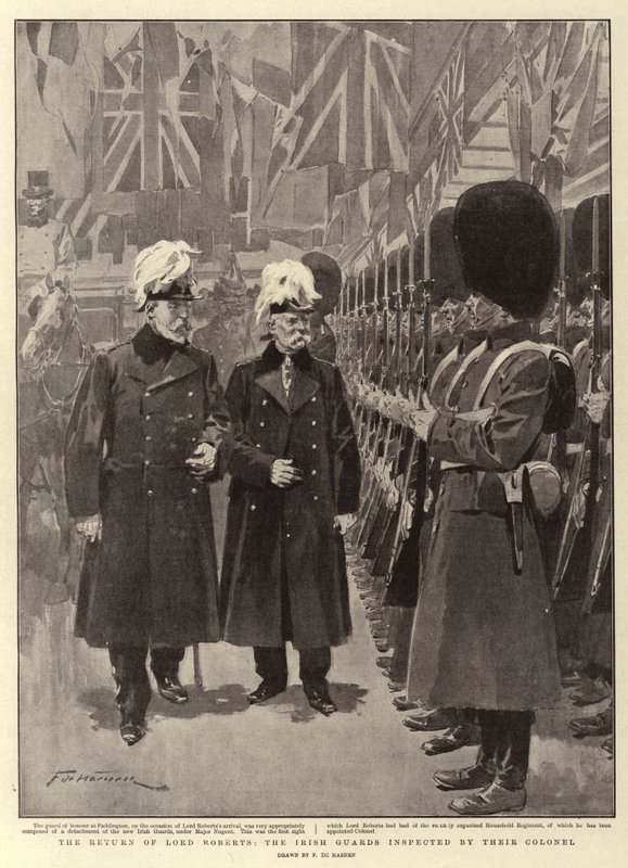 O retorno de Lord Roberts, os guardas irlandeses inspecionados por seu coronel de Frederic de Haenen