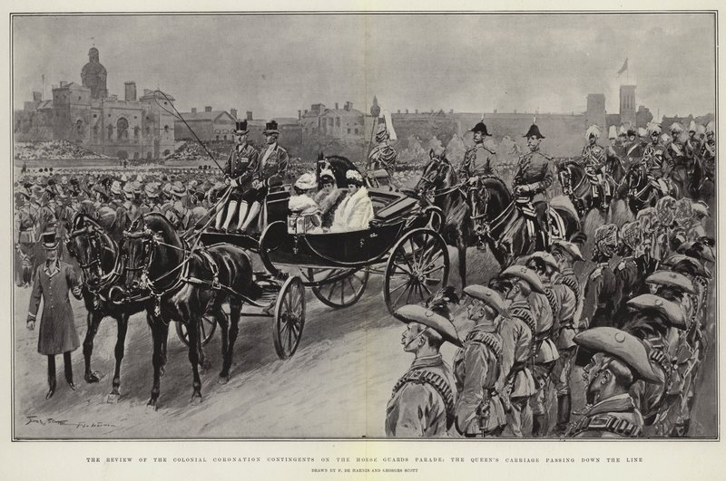 A Revisão dos Contingentes da Coroação Colonial na Parada da Guarda de Cavalos, a Carruagem da Rainha passando a linha de Frederic de Haenen