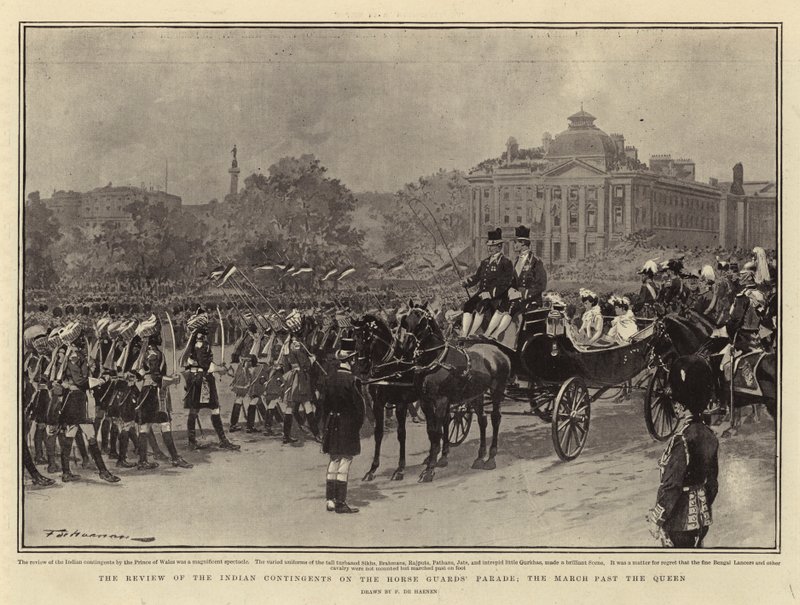 A Revisão dos Contingentes Indianos na Parada dos Horse Guards Parade, a March Past the Queen de Frederic de Haenen