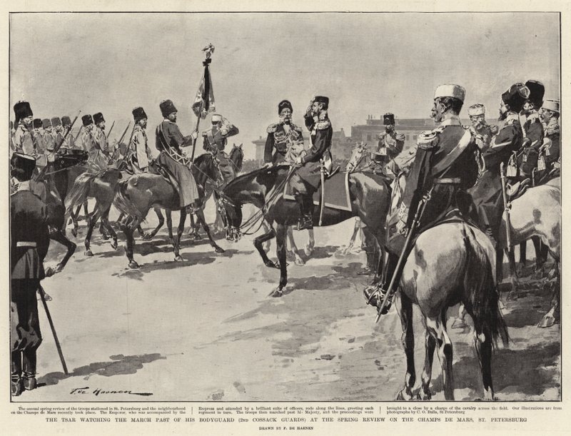 O czar assistindo o passado de março de sua guarda-costas (2 guardas cossacos) na revisão de primavera no Champs de Mars, São Petersburgo de Frederic de Haenen