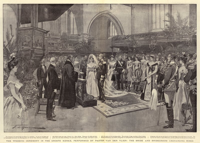 A Cerimônia de Casamento no Groote Kerke, realizada pelo Pastor Van der Vlier, a Noiva e o Noivo trocando Anéis de Frederic de Haenen