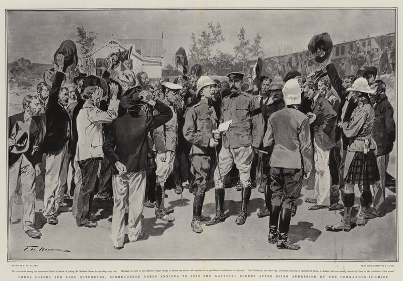 Três elogios para Lord Kitchener, rendidos Boers Ansioso para se juntar aos escoteiros nacionais depois de ser abordado pelo comandante-em-chefe de Frederic de Haenen