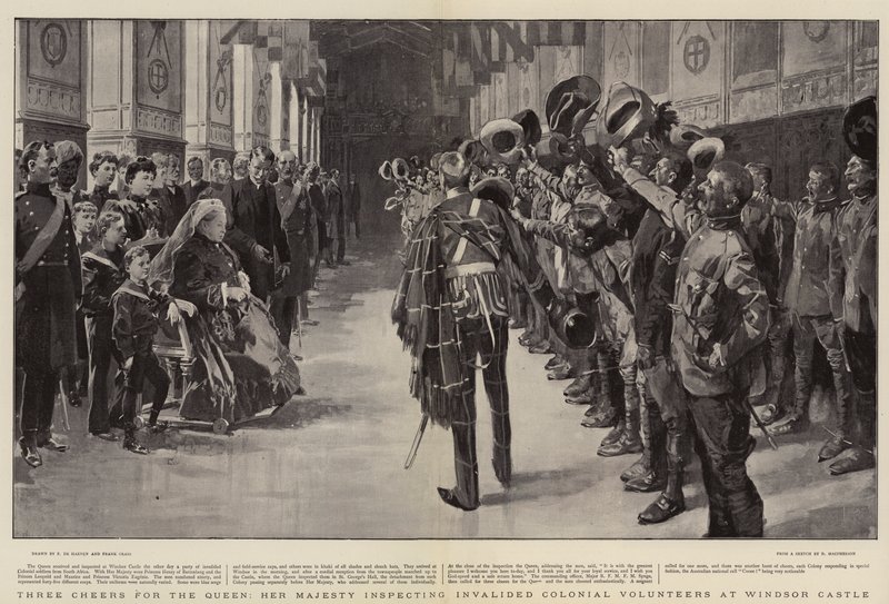 Três elogios para a rainha, Sua Majestade inspecionando voluntários coloniais inválidos no Castelo de Windsor de Frederic de Haenen
