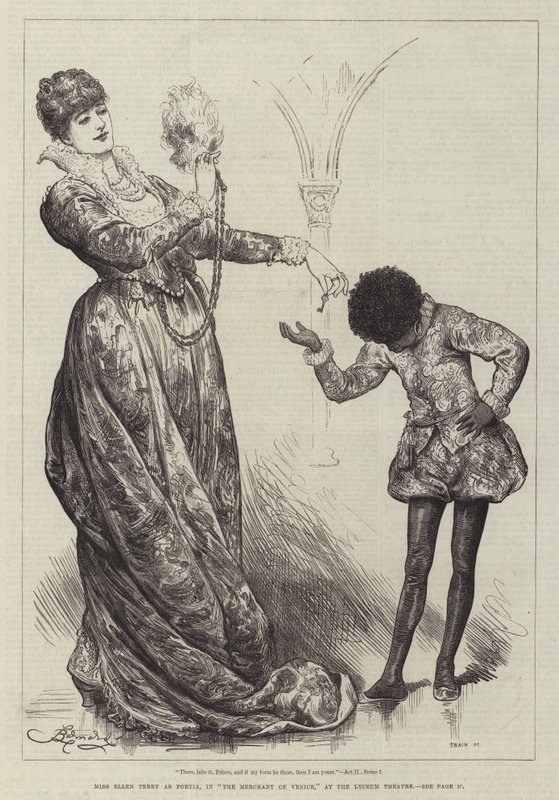Miss Ellen Terry como Portia, no Mercador de Veneza, no Lyceum Theatre de Frederick Barnard