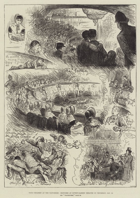 Crianças pobres na Pantomima, Sketches at Covent-Garden Theatre na quinta-feira, 12 de janeiro de Frederick Barnard