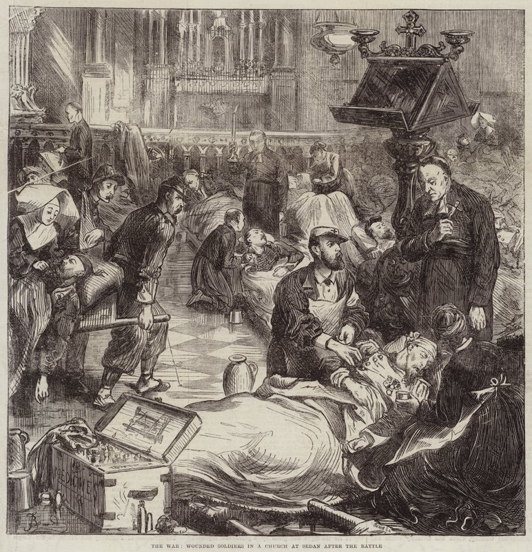 A guerra, soldados feridos em uma igreja em Sedan após a batalha de Frederick Barnard
